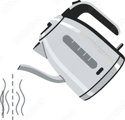 Electric kettle pouring hot water with steam on a white background