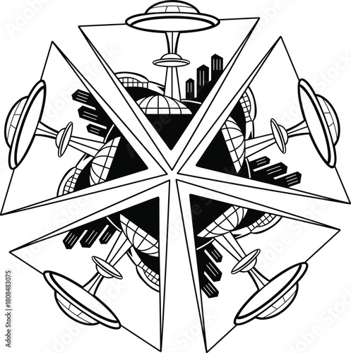 Futuristic UFO Cityscape Kaleidoscope Vector – Sci-Fi Geometric Mirror Illustration of Spacecraft and Skyline
