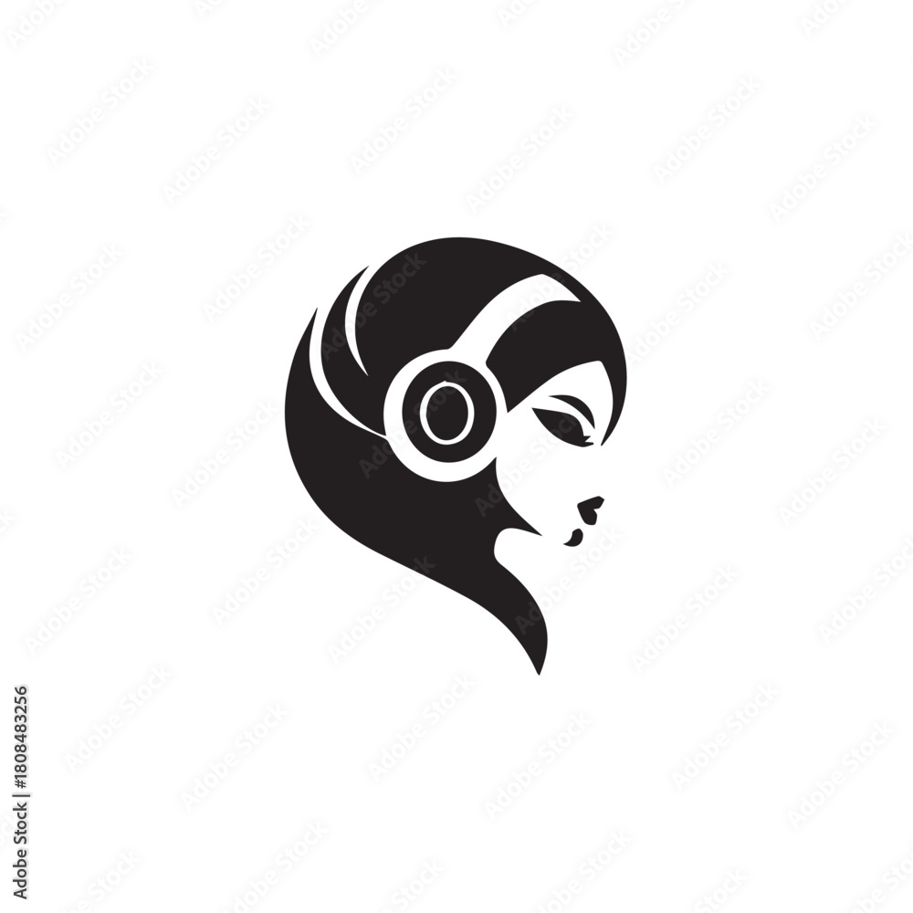 Fototapeta premium Black Vector Illustration of Woman Wearing Headphone in Clean Minimal Style on White Background