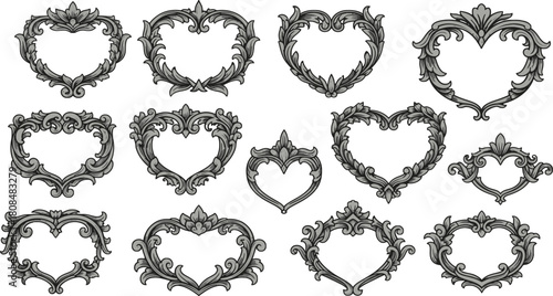Ornate heart shaped frames, artistic filigree embellishments with scrollwork details