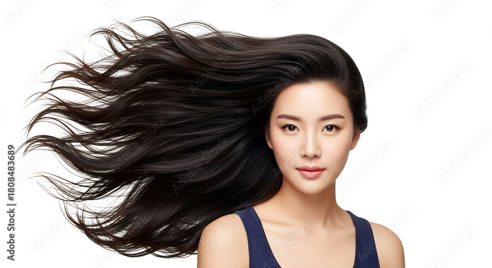 Fototapeta premium Beautiful young asian woman with voluminous dark healthy shiny flowing luxurious long hair in a studio portrait showcasing perfect hair condition and elegant beauty ideal for hair care advertising