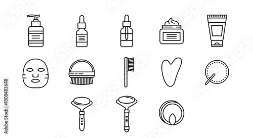 Minimalist beauty and skincare product line drawing icons for wellness and self care