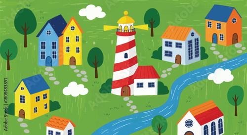 Whimsical seaside village illustration with a cheerful lighthouse beaconing home