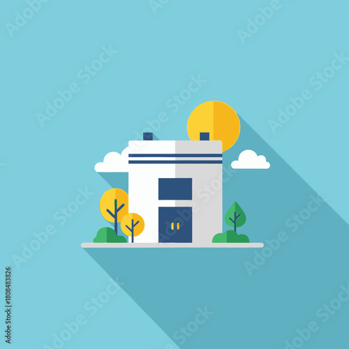 Stylized representation of a modern building facade with long shadows