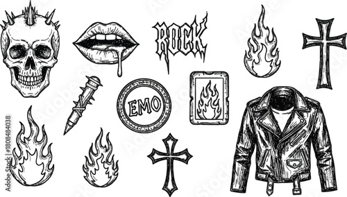 Edgy monochrome collection of rock and emo subculture symbols illustration