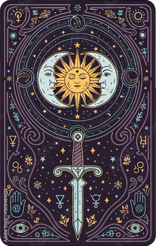 Enigmatic tarot card illustration featuring celestial sun and moon symbols