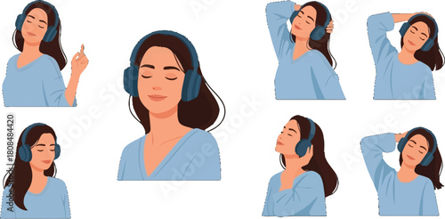 Illustrations showing relaxation and music enjoyment with blue headphones