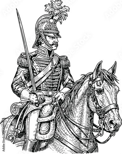 Dark silhouette of a historical cavalry soldier on horseback holding a sword