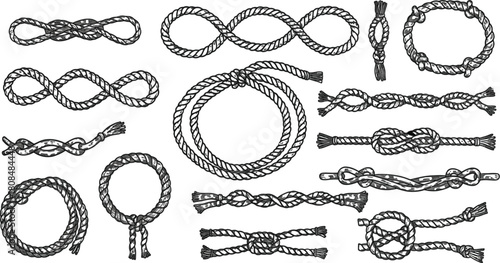 Illustrative assortment of nautical knots on a stark white backdrop