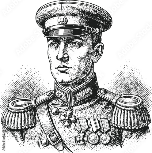 Dark silhouette portrait of a military general in uniform with epaulets and medals.