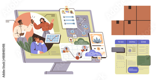 Collaborative team working, digital task boards, logistics management, packaging boxes, and communication apps. Ideal for teamwork, productivity, logistics, organization workflow processes