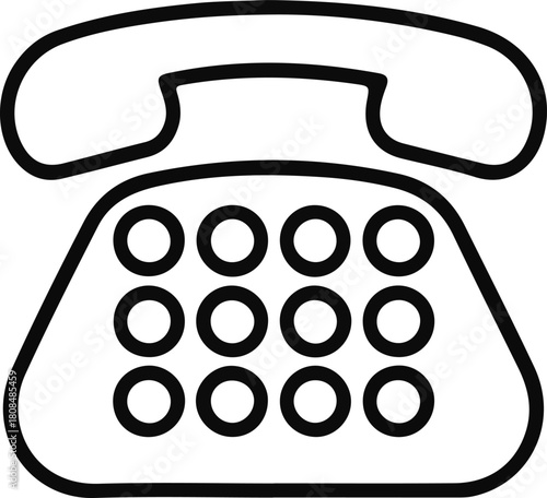 Vintage telephone icon for communication uses, Black line illustration of a classic landline telephone with keypad, symbolizing communication, contact, customer service, and connection themes.

