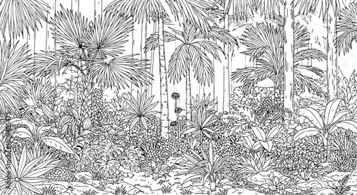 Dense tropical forest silhouette with lush vegetation and palm trees on black background