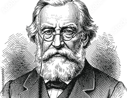 Distinguished historical figure portrait with beard and glasses in a classic engraving