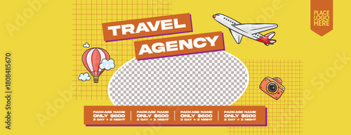 Vintage and retro travel agency business header promoting holiday tour deals, travel sale offers, hotel resort booking, online flight ticket booking, and tourism advertisement horizontal banner design