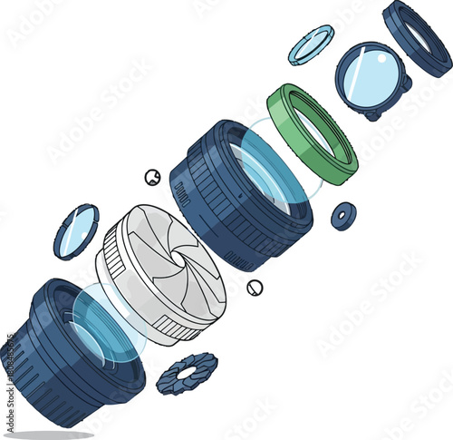 Exploded view illustration of a photographic camera lens with clear lenses