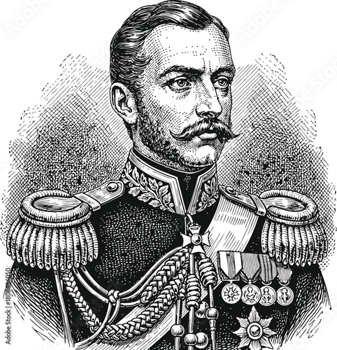 Engraved portrait of a serious historical man in formal attire on dark background