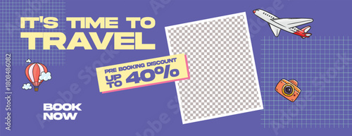 Vintage and retro themed travel agency horizontal banner for travel sale advertisement, vacation package deals, adventure trip offers, hotel resort booking, and tourism web promo template design