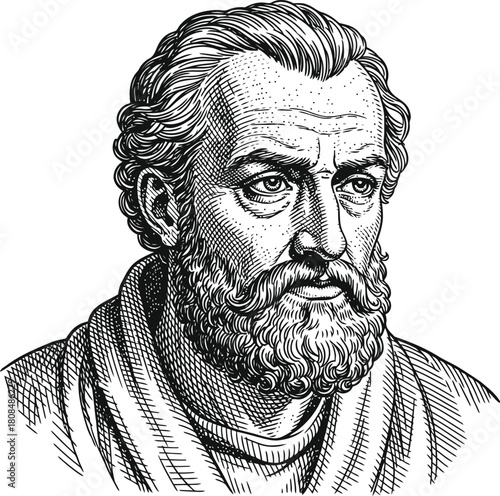 Engraving style illustration of an ancient philosopher bust with beard and draped clothing