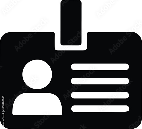 ID badge icon for identification purposes, Simple black ID badge icon showing a user silhouette and text lines, useful for designs involving identity, access, profiles, or authentication.

