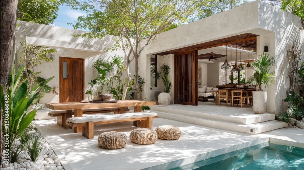 Obraz premium A large white house with a patio area that includes a dining table and chairs, a pool, and a garden