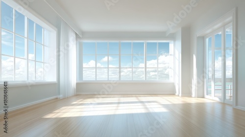 Wallpaper Mural A bright and open room features large windows that allow natural light to flood in. White walls and wooden floors create an airy atmosphere with a view of fluffy clouds. Torontodigital.ca