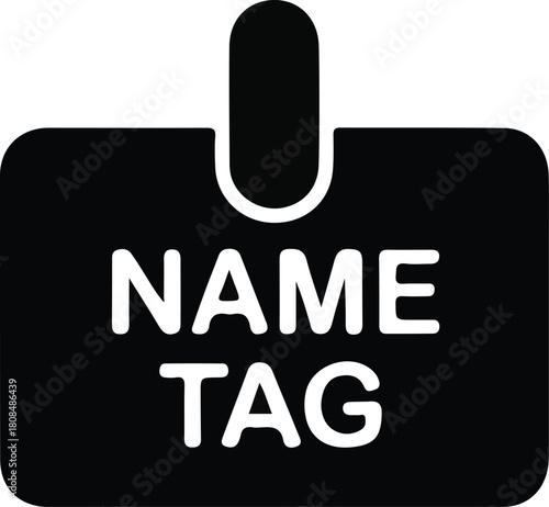 Name tag badge icon silhouette, Simple black name tag badge icon with bold text, suitable for identification, events, conferences, office labels, and organizational design themes.

