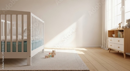 3d render children room, light cozy interior with wooden crib