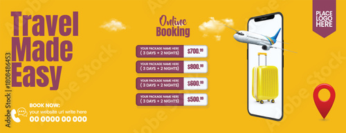 Elegant travel agency horizontal banner for summer holiday deals, travel sale, hotel resort booking, adventure trip promotion, vacation package offers, and tourism header template design