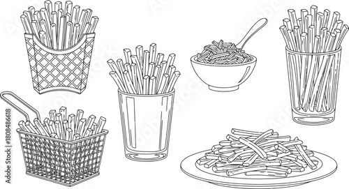 Hand drawn potato dishes including french fries and mashed potatoes in various serving styles