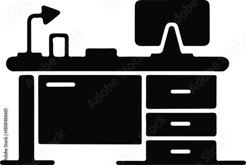 Office desk workstation icon for workspace setup, Black silhouette icon of an organized office desk with computer, drawers, and lamp, ideal for illustrating workspace, productivity, and office enviro
