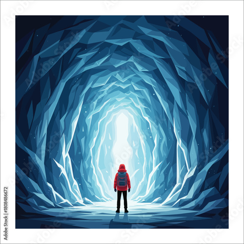 Hiker in red jacket facing a glowing ice cave entrance with icy formations explorer