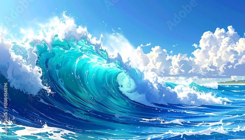 Fototapeta Naklejka Na Ścianę i Meble -  Digital painting depicts a colossal ocean wave cresting against a bright blue sky, sunlight highlighting the turquoise water