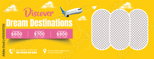 travel agency horizontal banner for adventure trip marketing, vacation package deals, hotel resort booking, flight ticket booking, and travel sale social media header template design