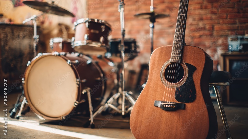 Naklejka premium A wooden acoustic guitar stands next to a drum set in a warm and inviting practice area. The light enhances the rustic charm of the space perfect for music creation.