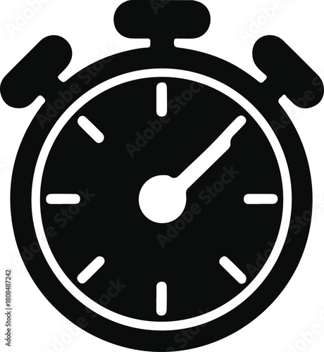 Minimalist stopwatch icon for time tracking, Black silhouette stopwatch icon representing countdown, timing, and speed, ideal for productivity apps, sports graphics, or fast-paced digital interfaces.
