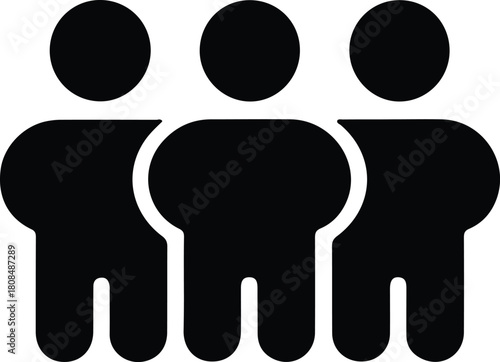 Group of people community icon graphic, Minimal black silhouette icon depicting three simplified human figures, commonly used to represent groups, teams, communities, or users.

