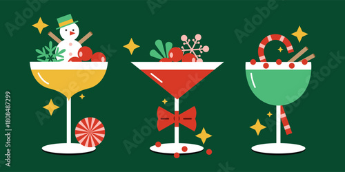 Festive winter holiday cocktail with candy cane, cinnnamon, berries and snowflakes for Christmas celebrations and new year's eve