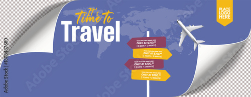 travel and tourism horizontal banner for travelling agency business promo, hotel and resort booking, vacation packages, travel deals, and adventure trip social media header template design