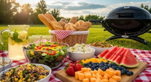 Fototapeta Naklejka Na Ścianę i Meble -  Summer picnic with fresh salads and bbq in a sunlit park