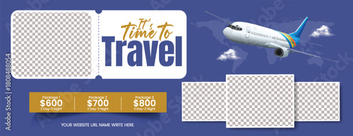 Modern travel agency promotional banner for travel sale, vacation package marketing, holiday tour deals, hotel resort booking, flight ticket booking, and tourism social media cover template design