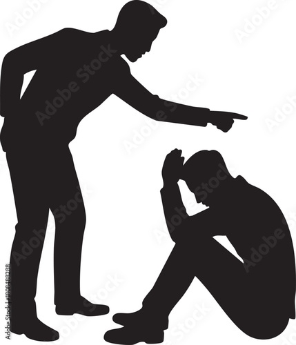 Silhouette shows an angry man pointing at a sad man sitting on the ground with despair