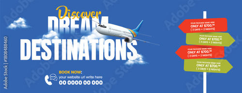 travel agency horizontal banner for travel sale, travelling agency business advertisement, hotel and resort deals, flight ticket booking, vacation package promotions, and tourism web header template