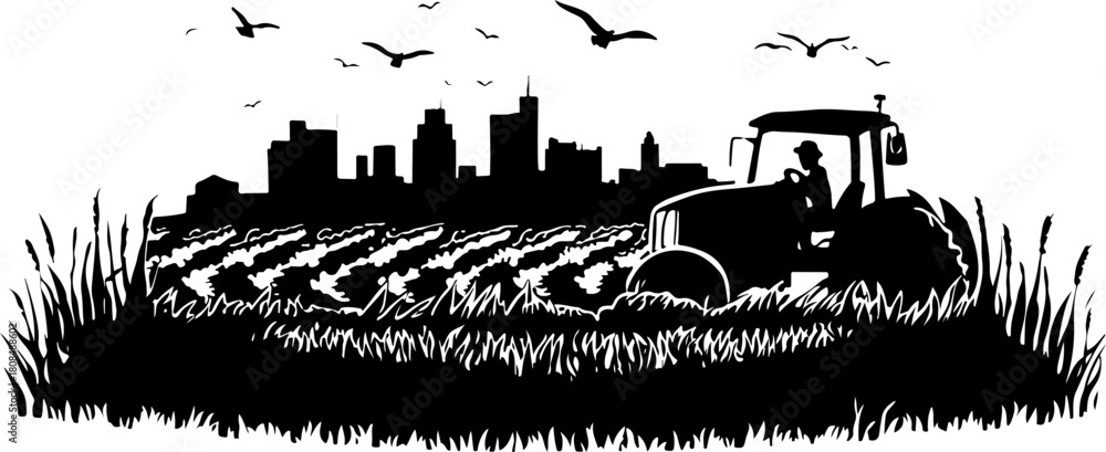 Naklejka premium Tractor on a field silhouette