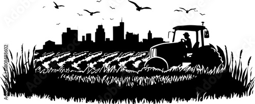 Tractor on a field silhouette