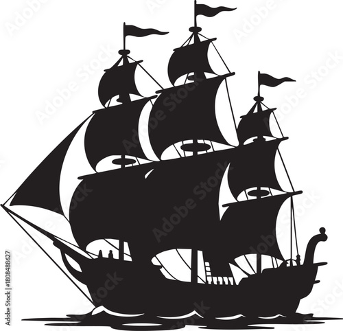 A majestic tall ship sails across the ocean, depicted in striking silhouette