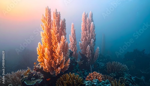 Fototapeta Naklejka Na Ścianę i Meble -  Vibrant orange coral reef thriving in clear blue ocean water with sunlight.