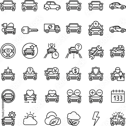 Collection of car icons with various symbols representing transport services, maintenance, and driving scenarios