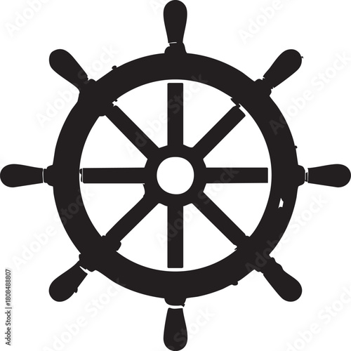A solid black ship's wheel presents a classic maritime aesthetic against a transparent backdrop