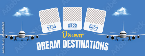 Holiday tour promotion travel agency banner and travelling agency social media cover featuring travel sale deals, hotel resort booking, flight ticket booking, and adventure trip web banner template
